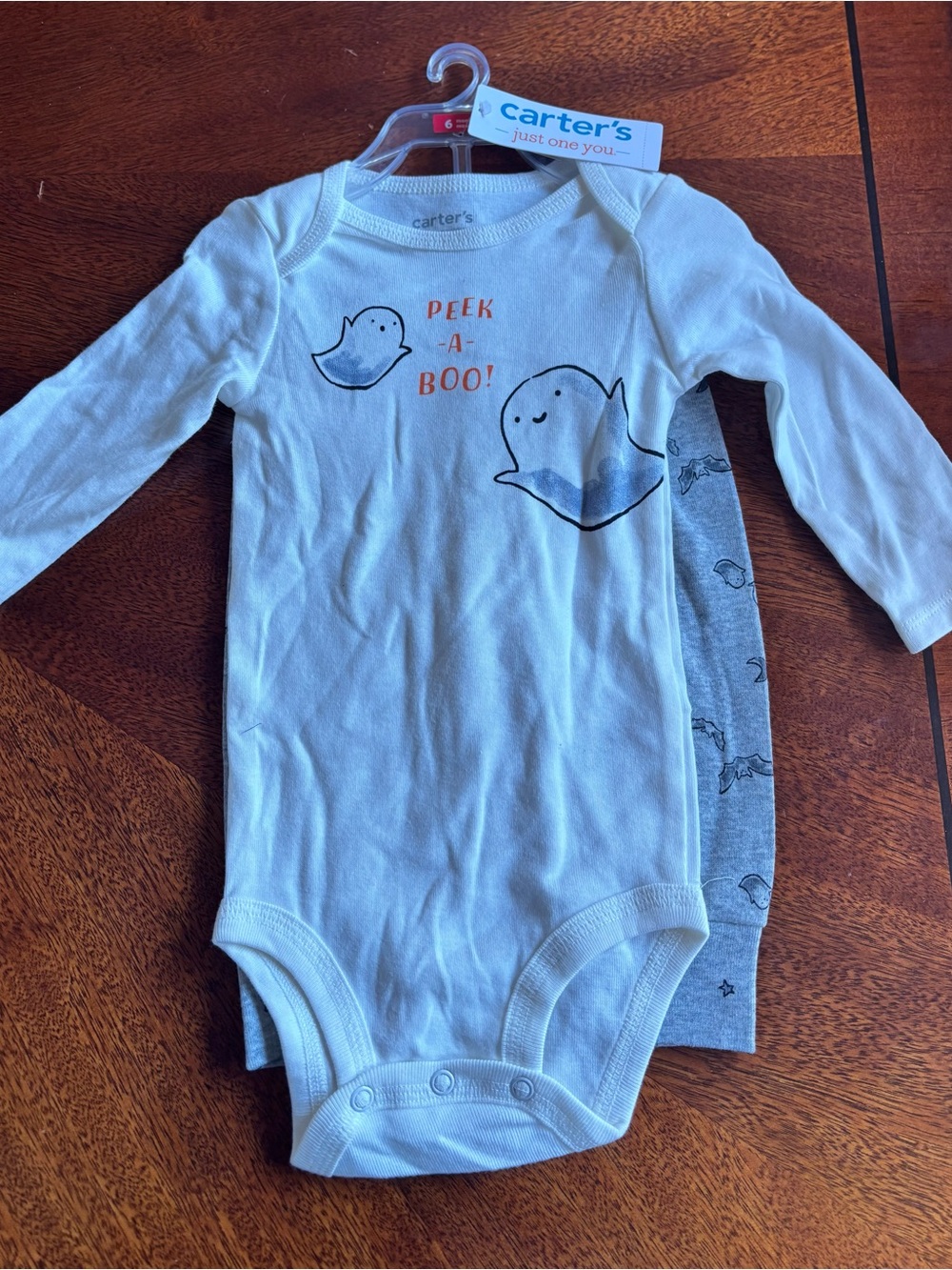 Carter's Cream and Gray Ghost-Print Long-Sleeve One-Piece Set - Picture 2 of 5